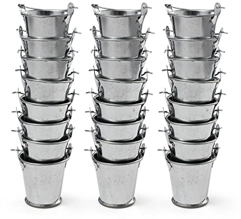 Verzinkte Mini-Blecheimer, 4,3 cm, 24 Stück, silberfarbene Metall-Eimer mit Griff, ideal für Partygeschenke, Brautpartys und Bastelprojekte (Silber, 4,3 cm)