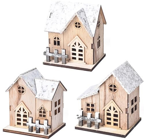Juegos De Pueblos Navideños Casas De Pueblo Navideños 3 Piezas De Madera Con Luz LED Escena De Pueblo Navideño Funciona Con Pilas Mini Decoraciones De Casas Navideñas Para Mesa Ventana Dormitorio