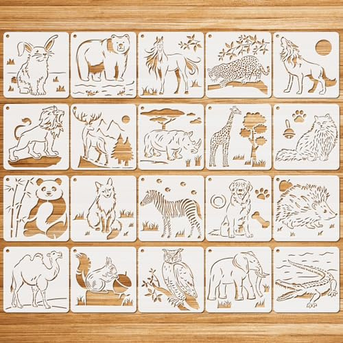 JSRQT 20 hojas de plantillas de animales de 6 pulgadas para pintar, plantillas de pintura de tierra, reutilizables, león, elefante, perro, zorro, panda, bricolaje, manualidades, dibujo en papel