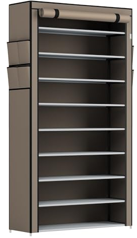 Juskys Schuhschrank L 9 Ebenen, Schuhregal geschlossen 45 Paar Schuhe, Stoff Bezug wasserabweisend, Schuhaufbewahrung Stoffschrank Stecksystem Hellbraun