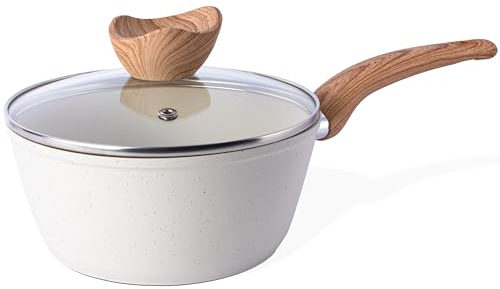 nuovva Non Stick Saucepan with Lid – Induction Small Saucepan – Cream Granite Saute Pan – Small Cooking Pot for Electric, Gas & Induction Hobs – Soup Pan - 18cm