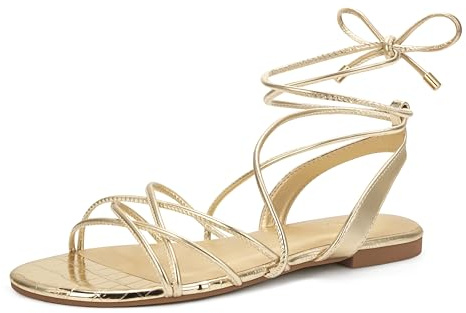 PARTY Women's Strappy Sandals Gladiator Lace Up Flats Summer Wrap Open Toe Tie Up Shoes, Gold, 9
