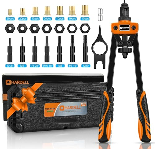 HARDE Rivettatrice Per Trapano, 14Professionale Manuale Rivettatrice Pistola con 6pz Mandrini Metrici Intercambiabili E 150pz Rivetti Dadi Filettati M3 M4 M5 M6 M8 M10(35.5cm)