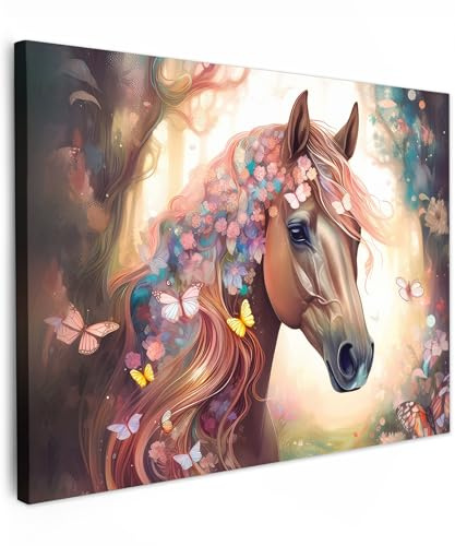 MuchoWow© Leinwände Wall Decoration Bilder Kinderzimmer Mädchen Pictures | 80x60 cm - Canvas Painting Wanddekoration Jugendzimmer Deko Mädchenzimmer Pferde - Natur - Blumen - Schmetterling