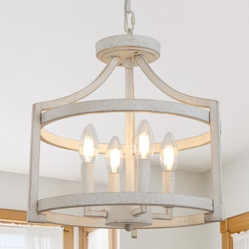 KMaiPem 4 Lichter Kronleuchter Vintage Weiß, Kronleuchter Modern Landhaus | Französisch Weiss Hängelampe Schlafzimmer Umwandelbare Rustikal Deckenlampe Wohnzimmer Deckenleuchte Küche Pendelleuchte Flur