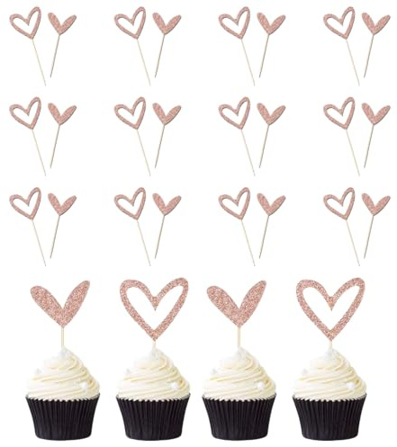 RDNKVB 24 Stück Cupcake Topper Glitter Herz Nettes Design Liebe Hochzeit Braut Jubiläum Baby Dusche Party Dekorationen Lieferungen (Roségold)