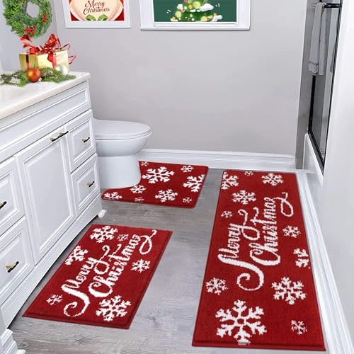 Enyhom Tappeti Bagno Natalizio 3 Pezzi, Morbido Tappeto Doccia in Microfibra, Assorbente Tappetino Bagno Antiscivolo, Lavabile in Lavatrice, Tappetino Bagno e Tappetini per il Bagno, Piedistallo Wc