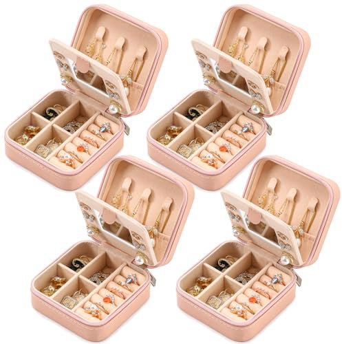 Neveika Schmuckkästchen mit Spiegel, kleine Schmuck-Organizer-Box, Reise-Schmuckkästchen für Damen, Geschenk-Schmuckschatullen für weibliche Mädchen (4 Stück, spiegelrosa, 4 Stück)