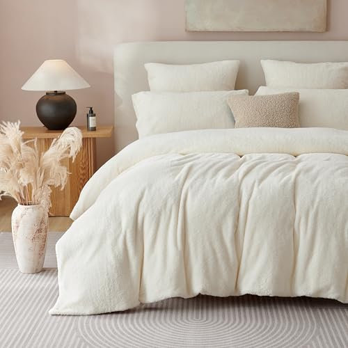Sedefen Plüsch Bettwäsche 135x200cm Weiß Flauschig Teddy Fleece Cashmere Touch Bettbezug Uni Winter Warme Sherpa Flanell Wende Winterbettwäsche Set mit Reißverschluss und 1 Kissenbezug 80x80cm