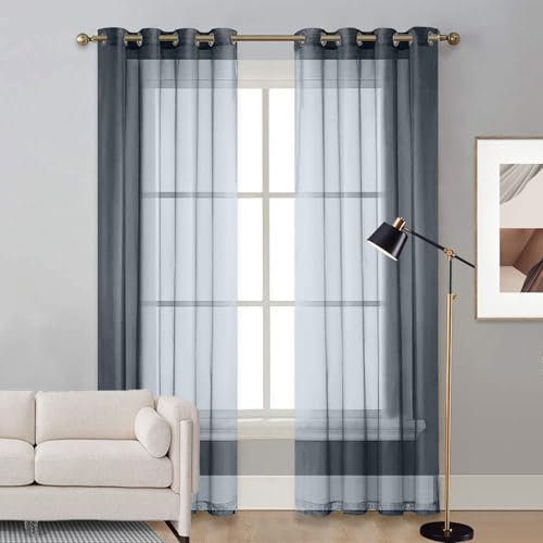 LIUNADM Voile Scheibengardine 100 x 170 cm Wärmeisolierend, Ösenvorhang Querbehang Gardine Durchsichtig Tüllstoff für Küche Büros Wohnzimmer Schlafzimmer, Grau