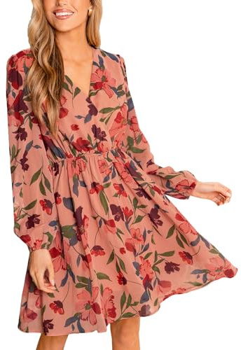 CUPSHE Mini robe d'été à volants pour femme, avec col en V, manches longues, taille élastique, coupe fluide et décontractée | Col en V décontracté à manches longues, mousseline légère, taille élastique, printemps-été, fête de jardin