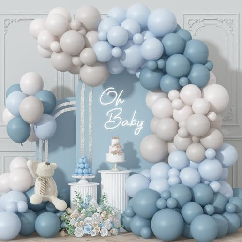 Dusty Blue Balloons Garland Arch Kit, Haze Pastel Blue Sand White Beige Balloon Arch Kit for Boys Baby Shower Gender Reveal Birthday Engagement Wedding Bridal Shower Bachelorette Party Decorations