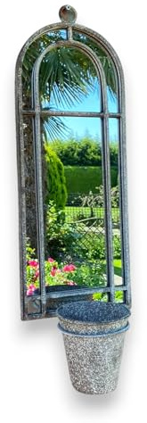 Elegant Rustic Arched Garden Wall Mirror with Flower Pot Holder - Patina Finish, Glass & Metal Frame, 60cm Height - Perfect Planter for Balcony, Porch & Outdoor Aesthetics (1, Round Shape Design)
