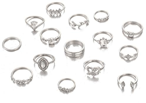 Vintage Gemstone Ring Sets Silver Crystal Knuckle Stacking Rings Boho Flower Moon Mid Rings Jewelry for Women and Girls(15pcs)