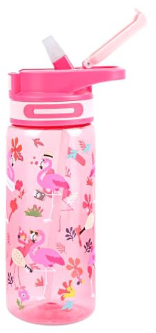 Queenshin Kids Water Bottle with Flip-Up Straw and Carry Handle for School/Sports/Daycare/Travel, Plastic, Lightweight, Leak-Proof Durable Plastic Drinking Cup for Girls Boys Toddlers 22oz (Flamingo)