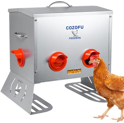 Cozofu Comedero automático para pollos con ventana de visión – Alimentador de metal de 6 puertos de 40 libras, diseño a prueba de ratas y resistente a derrames para 6 pollos, acero galvanizado