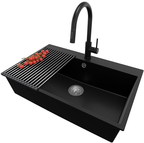 PRIMAGRAN Evier Cuisine en Granit au Meuble 80cm + Robinet, 78x50cm | Set: Robinet BW9010 + Kit de Vidage + Égouttoir Enroulable + Lavabo 1 Bac - Riga, Noir