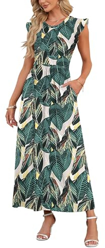 AUSELILY Women Summer Maxi Dress Ruffle Petal Short Sleeve Dresses with Pockets Casual Crew Neck Beach Long Dress Elegant Green Leaf Print L