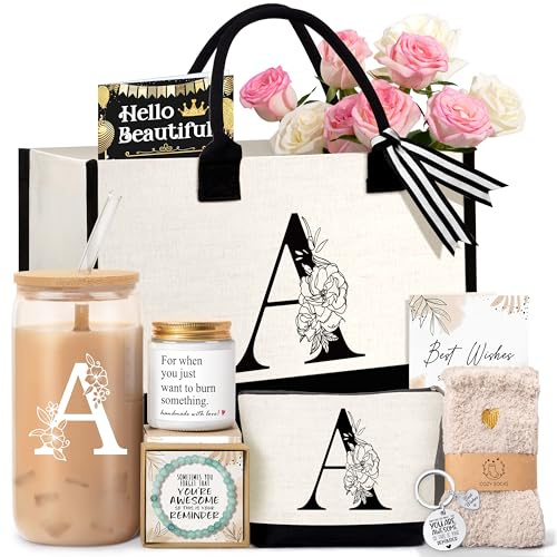 Lepiche Birthday Gifts for Women, Monogrammed Initial Gift for Teacher Wife Mom, Tote Bag,Glass Cup Gift Basket Personalized Christmas Mother's Teacher Appreciation Day,A