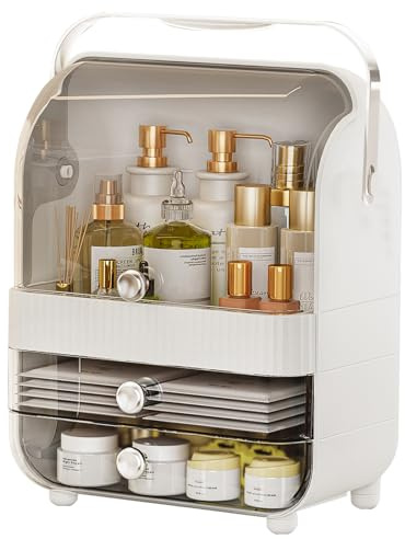 Make up Organiser , Cosmetic Storage Three Layer Multi-Function Makeup Drawer Organisers Beauty Storage Skincare Display Box Case Holder for, Skin Bathroom Countertop Bedroom Vanity Desk, White