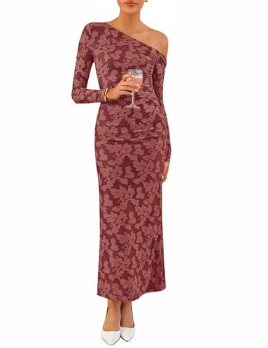 ZESICA Women's Spring Floral Off Shoulder Bodycon Maxi Dresses 2026 Long Sleeve Ruched Elegant Cocktail Party Dress,WineRed,Medium