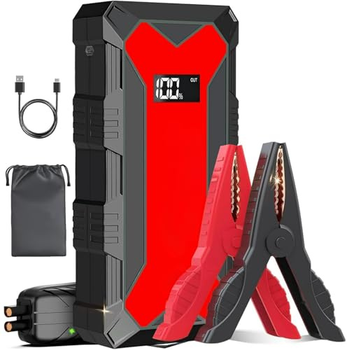 Démarreur de batterie de voiture portable 2500 A – Boîte de démarrage pour moteurs à essence 8 L et diesel 7 L – Comprend des câbles de démarrage, une lumière LED et un port USB QC3.0 (rouge)