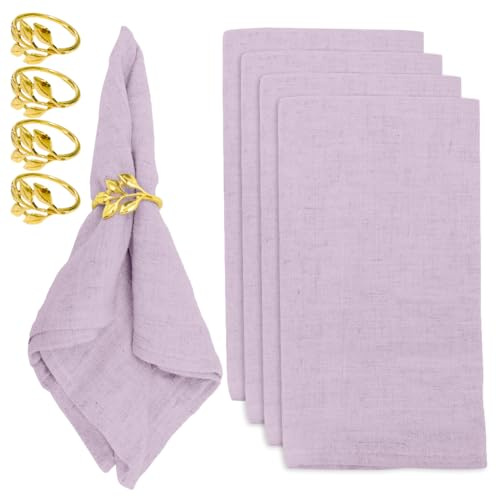 Umllpet Set di tovaglioli di lino, tovaglioli in tessuto, tovaglioli di cotone e anelli portatovaglioli, per feste in famiglia, Halloween, Natale (colore viola chiaro, 40 x 40 cm, set di 4