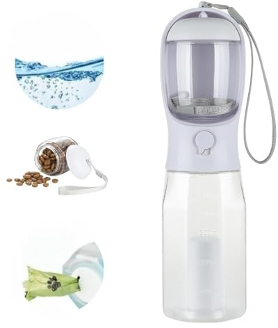 Tots 'n' Tails Dog Water Bottle 3 in 1, Leak Proof Portable Pet Water Bottle with Food Container & Poop Bag Dispenser, Water Dispenser for Dog, Puppy for Walking, Hiking, Camping, Travel (600ml White)