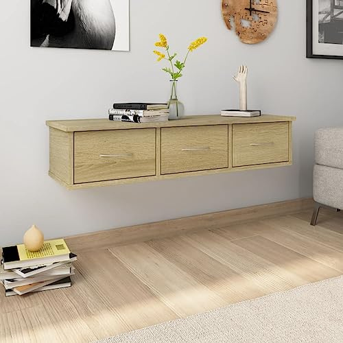 Mokuyary Drawer Shelf Plywood White and Oak 88 x 26 x 18.5 cm Floating Shelf with Drawer Wardrobe Wall Cabinet Wood Wall Cabinet, Floating Furniture