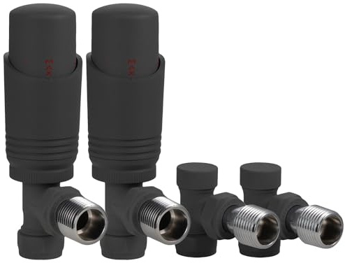 VANCOCO 2 Pack Anthracite Grey Angled TRV Set 1/2×15mm | Thermostatic Radiator Valve with Lockshield, H62 Brass, Energy Saving Design