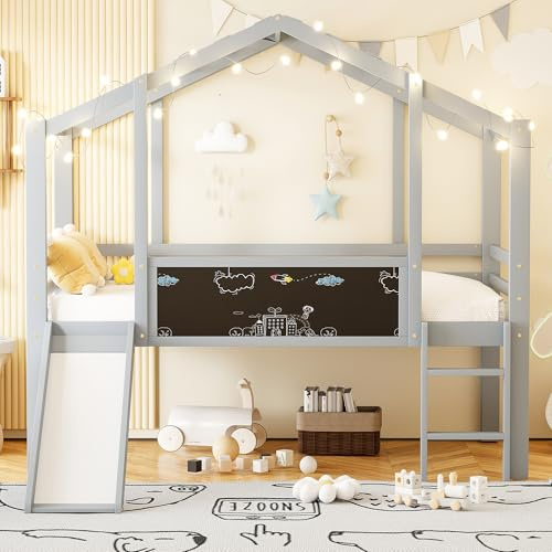 Merax Graues Kinder Hochbett 90x200 cm mit Rutsche & Leiter, Spielbett aus Holz mit Stauraum & Geländer, modernes Design