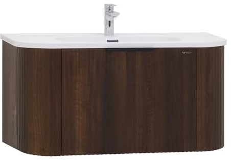 Moments of Glass Mueble Suspendido de Baño Maia Plus 90x47x48 cm Nogal con Lavabo de Resina Mineral Blanca