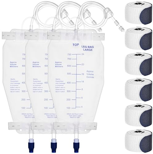 750ml Nephrostomy Bags, 3 Pack Urine Drainage Bag, Clear Bags with 24 Silicone Tube, Twist Drain Valve, with 6 Pcs Soft Adjustable Leg Bag Straps for Secure Fit