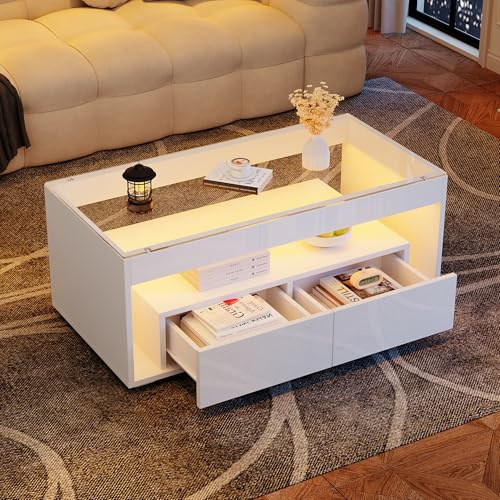 Merax High Gloss LED Coffee Table with Glass Tabletop, White Centre Table 100×50×40 cm with Storage, Modern Living Room Coffee Table with 2 Drawers & Open Shelves