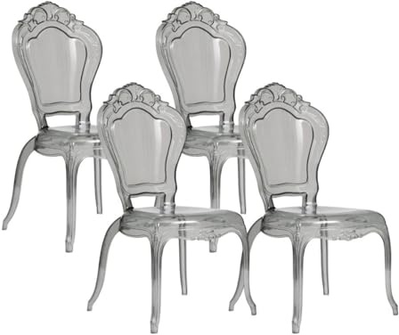 Biscottini Juego de 4 sillas barrocas de policarbonato transparentes ahumadas – Sillón efecto cristal – Sillas de plástico Luis XV moderno – Silla elegante para comedor, cocina, salón, restaurante