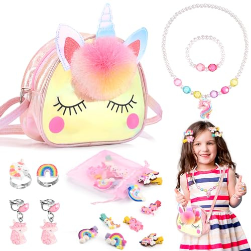 Hapikids Einhorn Geschenke für Mädchen, Geschenk Mädchen 2 3 4 5 6 Jahre Geburtstagsgeschenk für Mädchen Spielzeug 2-6 Jahre Einhorn Kinderschmuck Handtasche Halskette Armband Ring Ohrring Schmuckset
