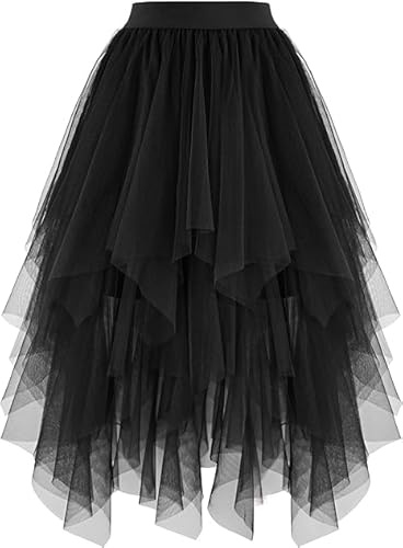 BEWECASU Women Tulle Skirts High Low Layered Puffy Fairy Skirts Midi Length Irregular Layered Mesh Tutu Skirts(Black,L)