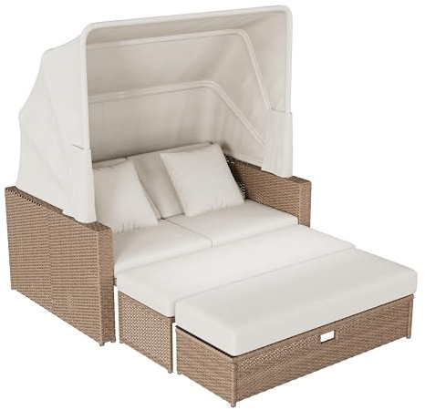 Httcg Polyrattan Gartenmöbel Gartensofa für 2-4 Personen, Lounge Möbel Outdoor Sonnenliege mit Dach und Liegefunktion, Sofabett Outdoor Sofa Balkon Sofa mit Couchtisch, Sonneninsel Balkonmöbel, Khaki
