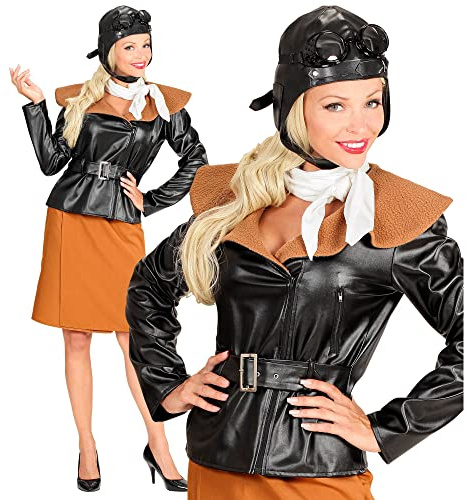 Widmann - Kostüm Retro Fliegerin, Jacke, Rock, Schal und Fliegermütze, Pilotin, Karneval, Mottoparty