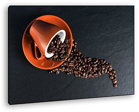 deyoli Kaffee Tasse mit Kaffeebohnen Format: 80x60 als Leinwandbild, Motiv fertig gerahmt auf Echtholzrahmen, Hochwertiger Digitaldruck mit Rahmen, Kein Poster oder Plakat