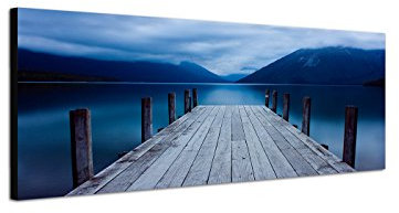 Wandbild auf Leinwand als Panorama in 150x50cm See Berge Steg Dämmerung Wolken