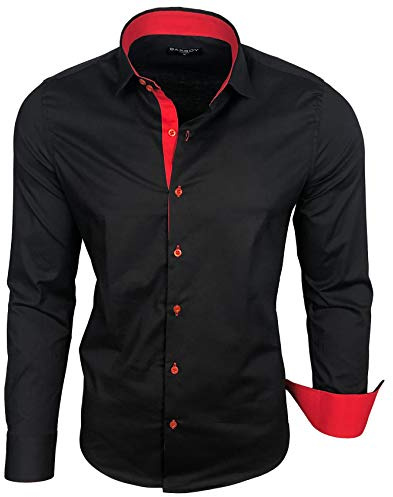 Baxboy Camicia da uomo a maniche lunghe, Slim Fit, facile da stirare, per lavoro, tempo libero, matrimonio/Con colletto Kent, modello B-500, nero - rosso, XL