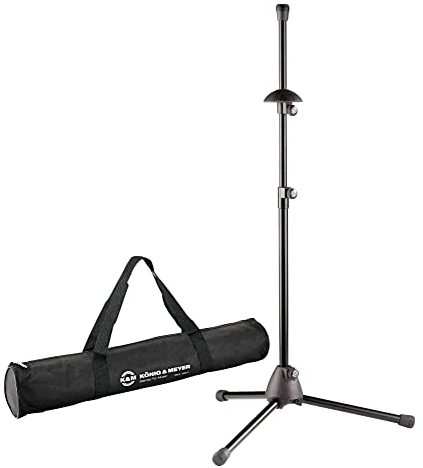 K&M Posaunenständer Set inkl. Tasche: Faltbarer Posaunenständer, passend auch für Basstrompeten, mit Klappfüßen, Gummipolster, Stahl, schwarz, Nylongewebe, wasserabweisend, Schwarz