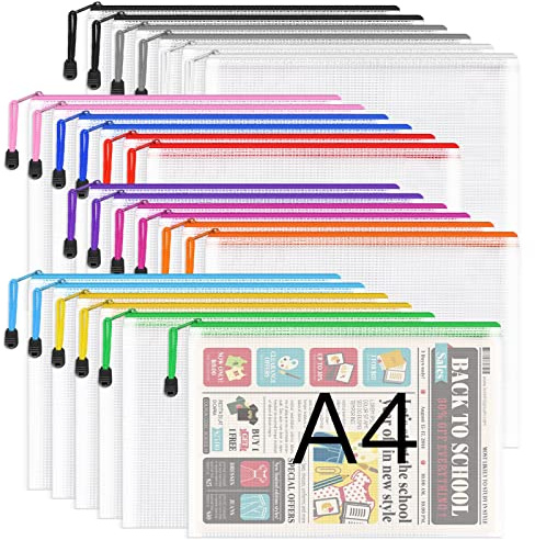 A4 Plastic Zip Folders - 24 PCS Zipper File Bags Mesh Zip Lock Document Wallet Holder Travel Storage Pouch for Office Supplies and Travel Accessories, Waterproof, A4 Size