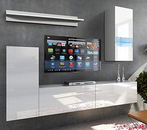 Furnitech Wohnwand Wohnzimmer | Wohnzimmer Möbel mit LED RGB - 16 Farben | Hängend Wohnwand Modern | Wohnzimmer Schrankwand mit Regale und TV Schrank (Future 55/HG/W/2 1A)
