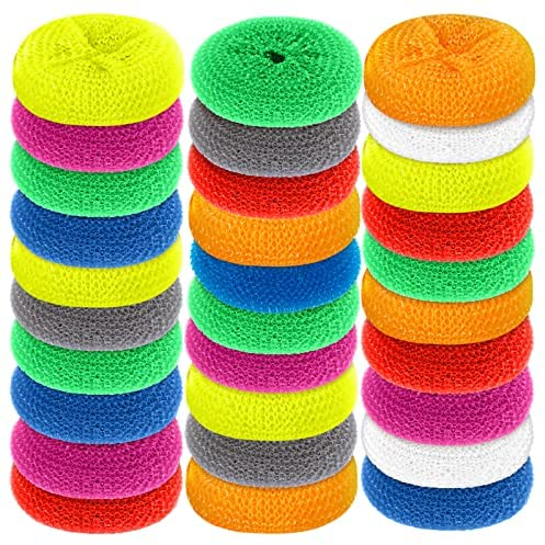 Non Scratch Pan Pot Scourers 30 Pack Assorted Colors - Premium Household Scrubbers Scraper Cleaner Sponge - Scouring Pads for Kitchen, Sink, Dishes Cleaning | by POUNDXPENCE Co®