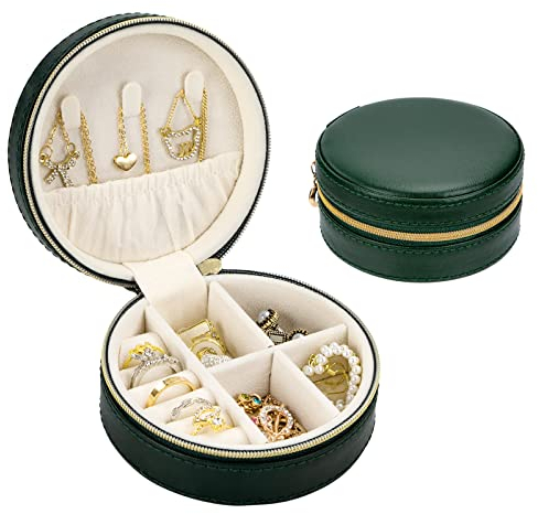 Boîtes à Bijoux Étui à Bijoux de Voyage Ronde Petite Organiseur à Bijoux en Cuir PU avec Fermeture Éclair Boîtes de Rangement de Bijoux pour Bagues, Boucles d'Oreilles, Colliers (Vert Foncé)