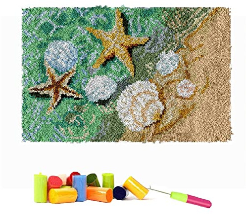 VIONNPPT DIY 3D Größer Teppich Knüpfteppich Kits,Wandteppich Tapisserie Stickerei Set, 70x45cm Hakenteppich mit Vordruck, Handwerk Geschenk für Kinder Erwachsene (Strand Hülse)