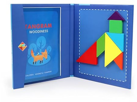 NIWWIN Magnetischer Tangram aus Holz, Puzzle-Spiel, Reisespiel, mentale Übung, IQ-Buch mit Lösungen, pädagogisches Spielzeug der Kinder, Geburtstagsgeschenke für Kinder im Alter von (Blau)