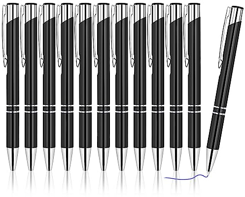 AUAUY 12PCS Noir Stylo Bille, Encre Bleu Stylos Personnalisés à Bille Rechargeables, Baril en Acier Inoxydable Instrument d'Écriture pour Maison, École, Bureau, Cadeau Mariage Invité, Cadeaux de Fête